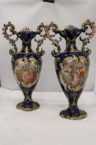 A PAIR OF VICTORIAN VASES IN COBALT BLUE WITH PICTORIAL DECORATION, HEIGHT 41 CM