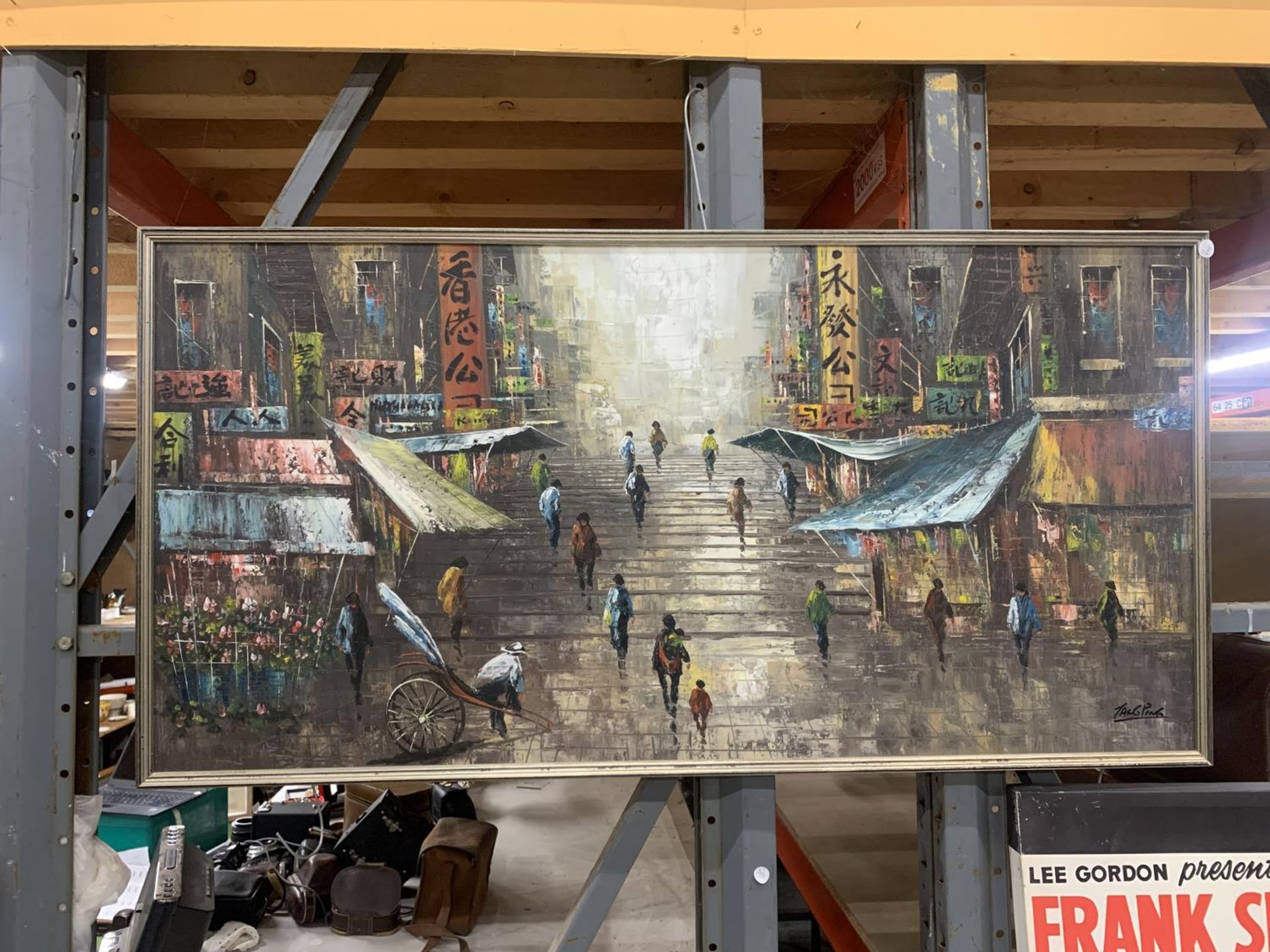 A LARGE OIL ON CANVAS OF A JAPANESE MARKET SCECNE