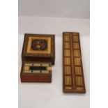 TWO CRIBBAGE BOARDS TOGETHER WITH A TUNBRIDGE WARE BOX