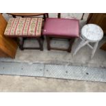 A VICTORIAN PAINTED STOOL ON TURNED LEGS, ALONG WITH TWO MODERN STOOLS ON TURNED LEGS WITH