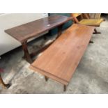 A RETRO TEAK TWO TIER COFFEE TABLE 45" X 14" AND A TALLER PEDESTAL COFFEE TABLE