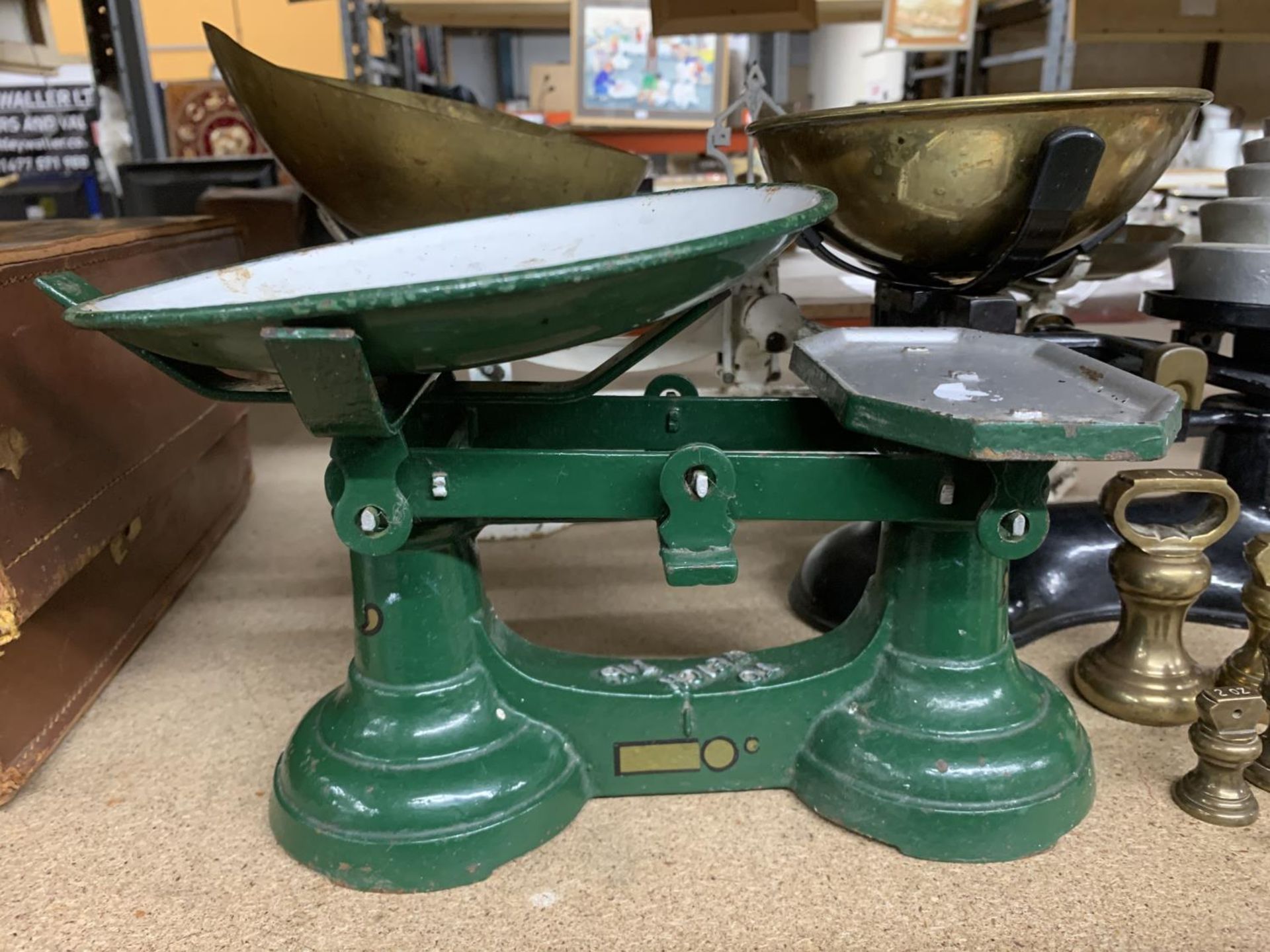 THREE VINTAGE CAST SCALES, WITH PANS AND WEIGHTS - Image 3 of 5