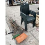 FOUR PLASTIC STACKING GARDEN CHAIRS AND AN ASSORTMENT OF GARDEN TOOLS ETC