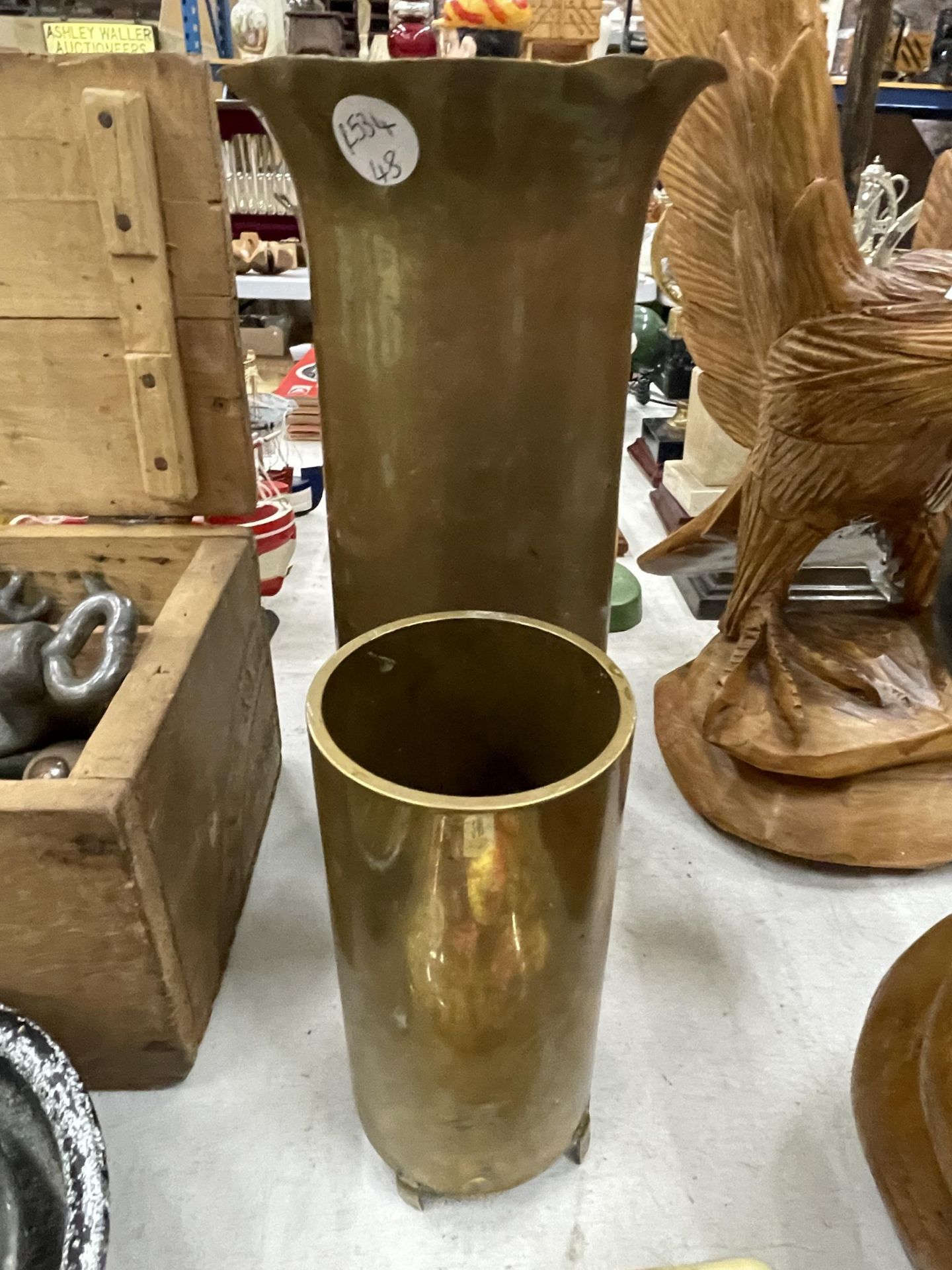 TWO BRASS TRECH ART SHELL VASES, HEIGHTS 25CM AND 14CM