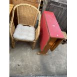 A FORMICA TOP KITCHEN TABLE, AND A WICKER AND BAMBOO CONSERVATORY CHAIR