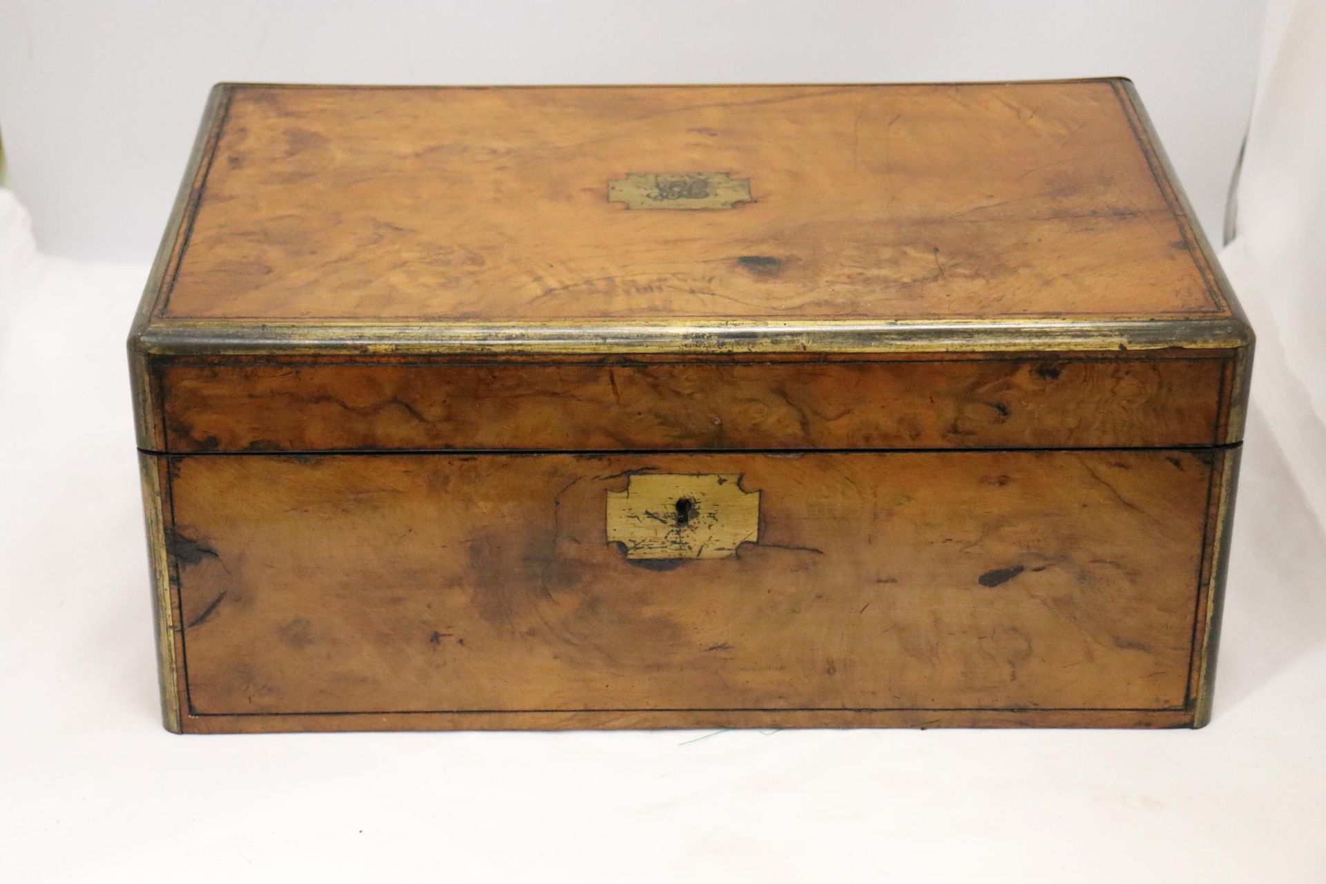 A BRASS BOUND WRITING BOX WITH SECRET DRAWERS, LEATHER TOOLED SLOPE WITH ONE INKWELL - Image 8 of 8