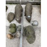 AN ASSORTMENT OF CONCRETE GARDEN FIGURES TO INCLUDE TWO BADGERS AND A HEDGEHOG ETC