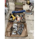 AN ASSORTMENT OF HARD WARE AND TOOLS TO INCLUDE AN ELECTRIC DRILL, NAILS AND A BRACE DRILL ETC