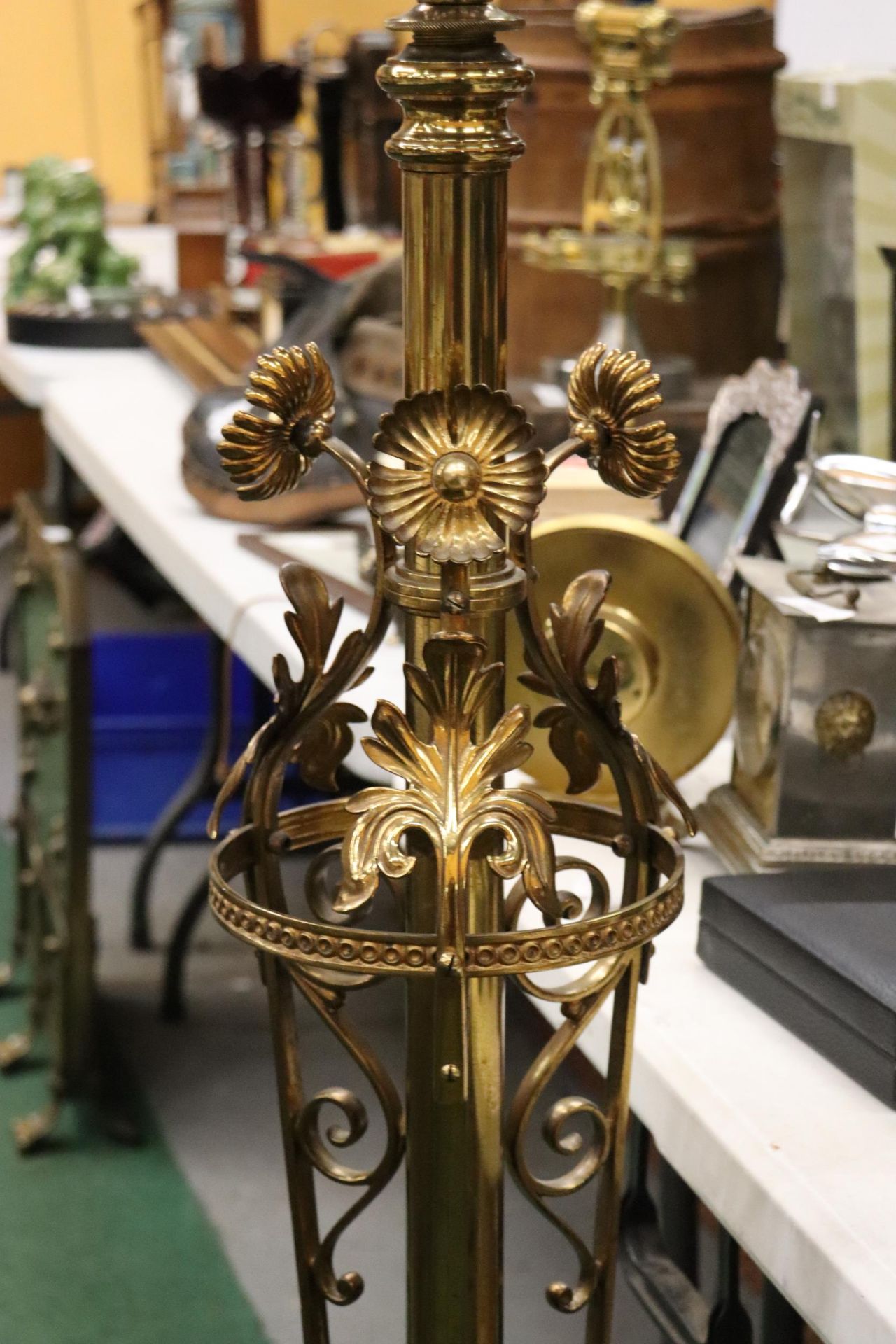 A FLOOR STANDING BRASS PUGIN STYLE CONVERTED CANDLESTICK WITH ORNAGE GLASS SHADE - Image 3 of 8