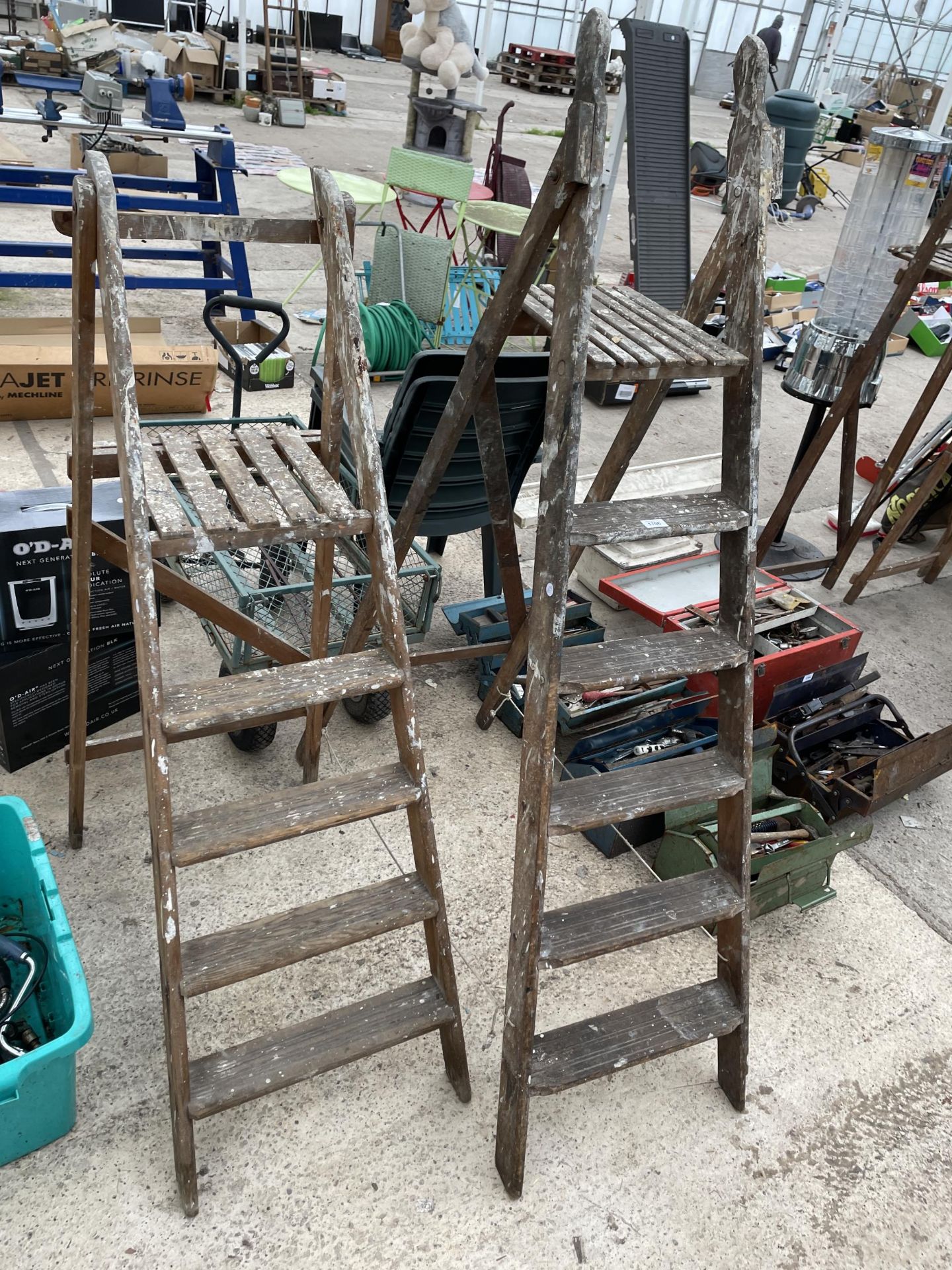 TWO VARIOUS SETS OF VINTAGE WOODEN STEP LADDERS