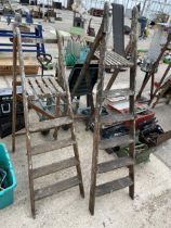 TWO VARIOUS SETS OF VINTAGE WOODEN STEP LADDERS
