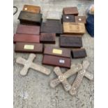 AN ASSORTMENT OF VARIOUS TREEN BOXES AND THREE WOODEN CRUCIFIX ETC