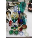 A LARGE QUANTITY OF COLOURED GLASS TO INCLUDE VASES, WINE GLASSES, CANDLE HOLDERS, ETC.,