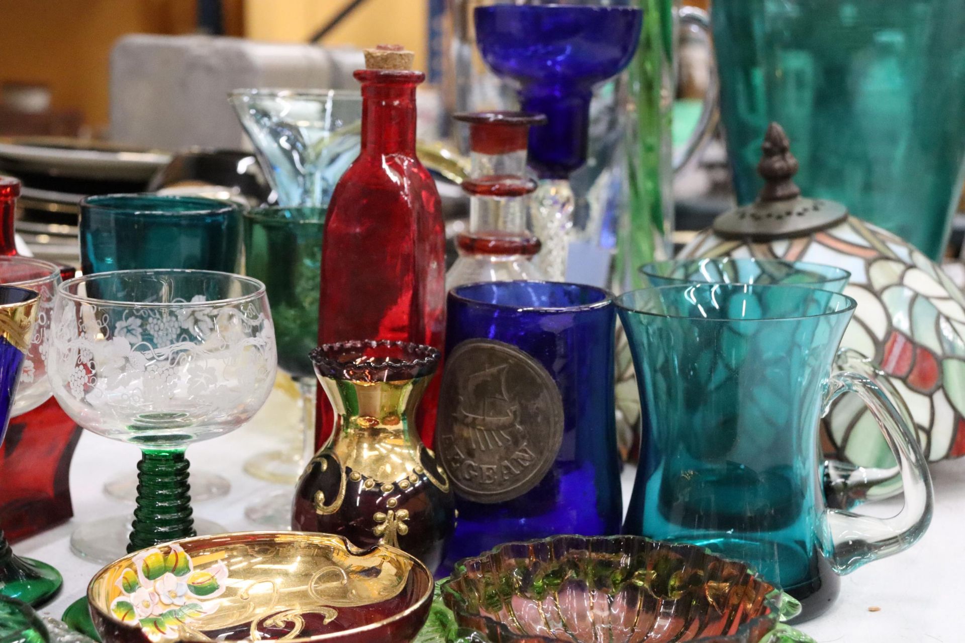 A LARGE QUANTITY OF COLOURED GLASS TO INCLUDE VASES, WINE GLASSES, CANDLE HOLDERS, ETC., - Image 6 of 10