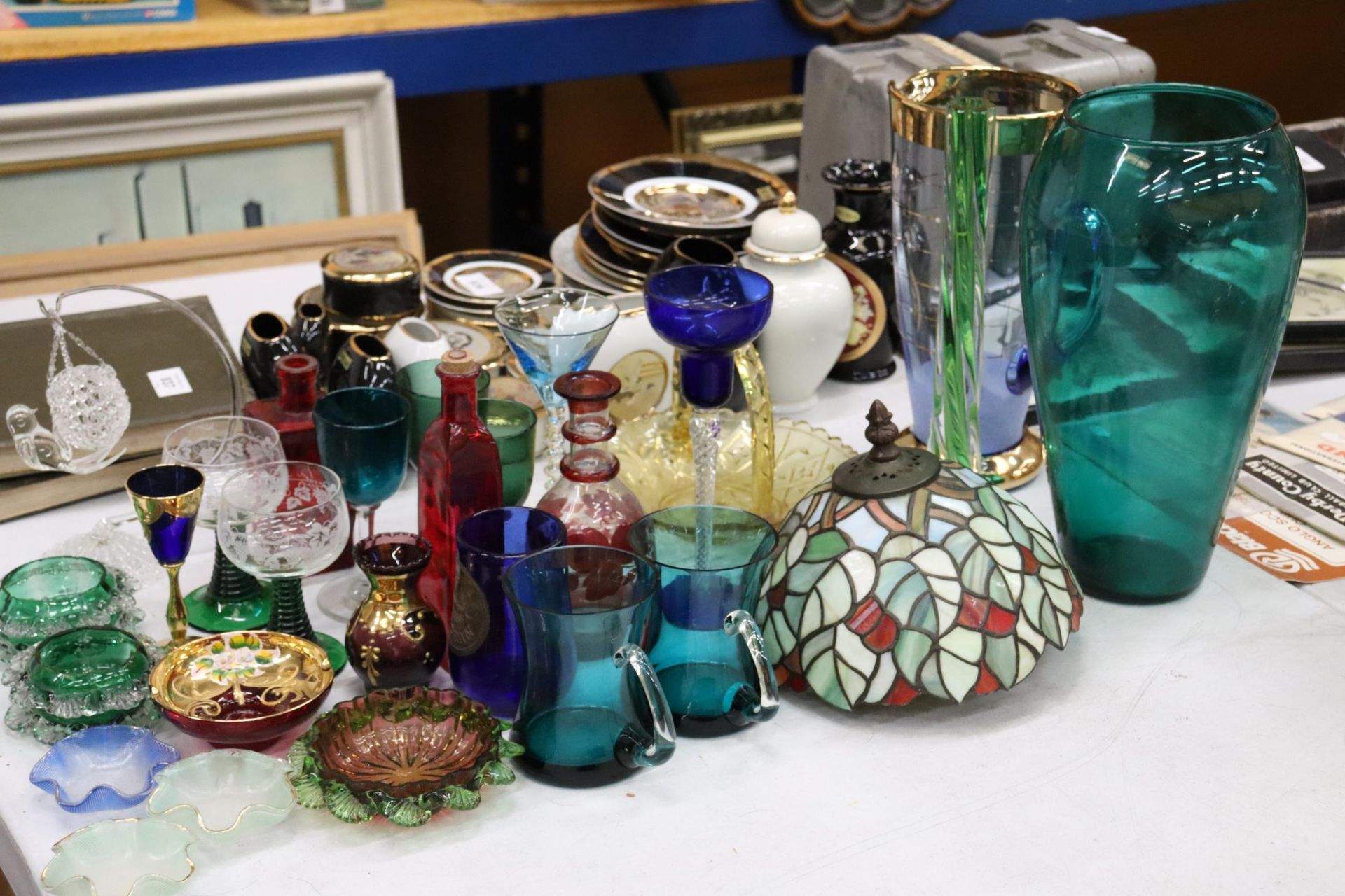 A LARGE QUANTITY OF COLOURED GLASS TO INCLUDE VASES, WINE GLASSES, CANDLE HOLDERS, ETC., - Image 2 of 10