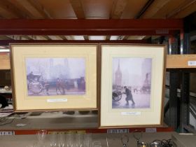 TWO PRINTS OF VINTAGE SCENES TO INCLUDE 'ALBERT SQUARE' AND 'HANSOME CAB AT ALL SAINTS', BY