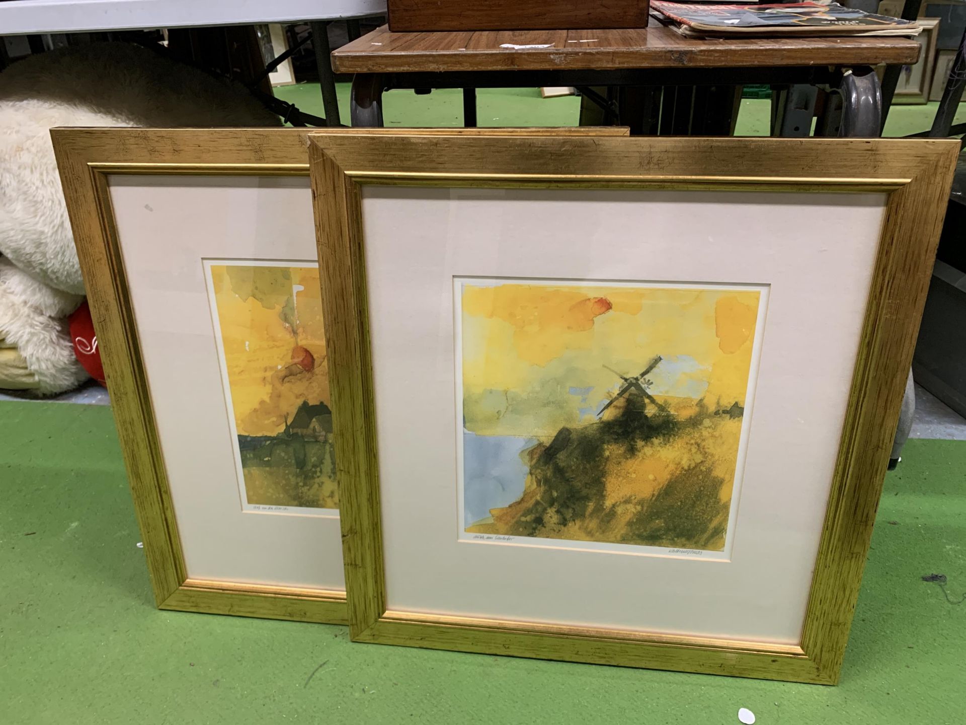 TWO GILT FRAMED PRINTS OF A WINDMILL AND RURAL SCENE