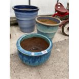 THREE VARIOUS BLUE GLAZED TERRACOTTA PLANT POTS