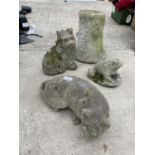 AN ASSORTMENT OF CONCRETE GARDEN FIGURES TO INCLUDE A CAT AND A DOG ETC