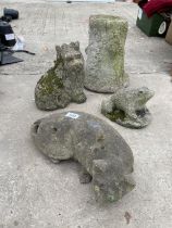 AN ASSORTMENT OF CONCRETE GARDEN FIGURES TO INCLUDE A CAT AND A DOG ETC