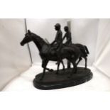 A LARGE BRONZE FIGURE OF TWO HORSES AND RIDERS ON A MARBLE BASE SIGNED E FREMIET HEIGHT