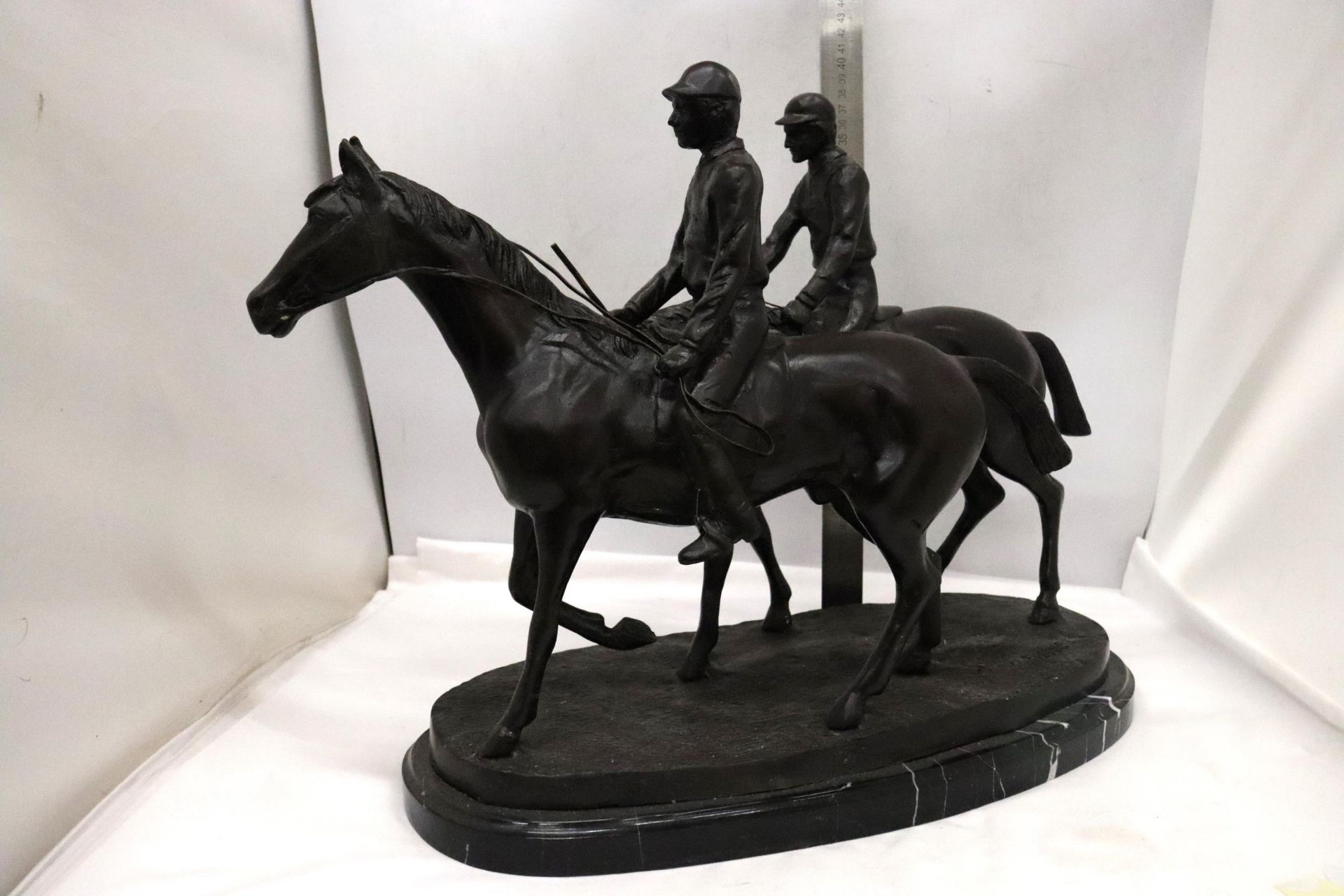 A LARGE BRONZE FIGURE OF TWO HORSES AND RIDERS ON A MARBLE BASE SIGNED E FREMIET HEIGHT