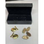 TWO PAIRS OF GOLD PLATED CUFFLINKS IN A PRESENTATION BOX