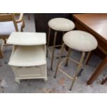 A PAIR OF RETRO KITCHEN HIGH STOOLS ON TUBULAR FRAMES AND A BEDSIDE LOCKER