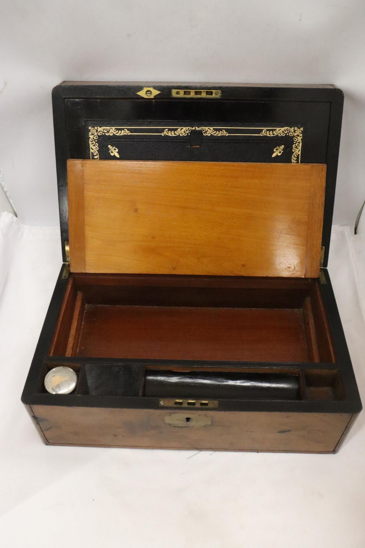 A BRASS BOUND WRITING BOX WITH SECRET DRAWERS, LEATHER TOOLED SLOPE WITH ONE INKWELL - Image 5 of 8