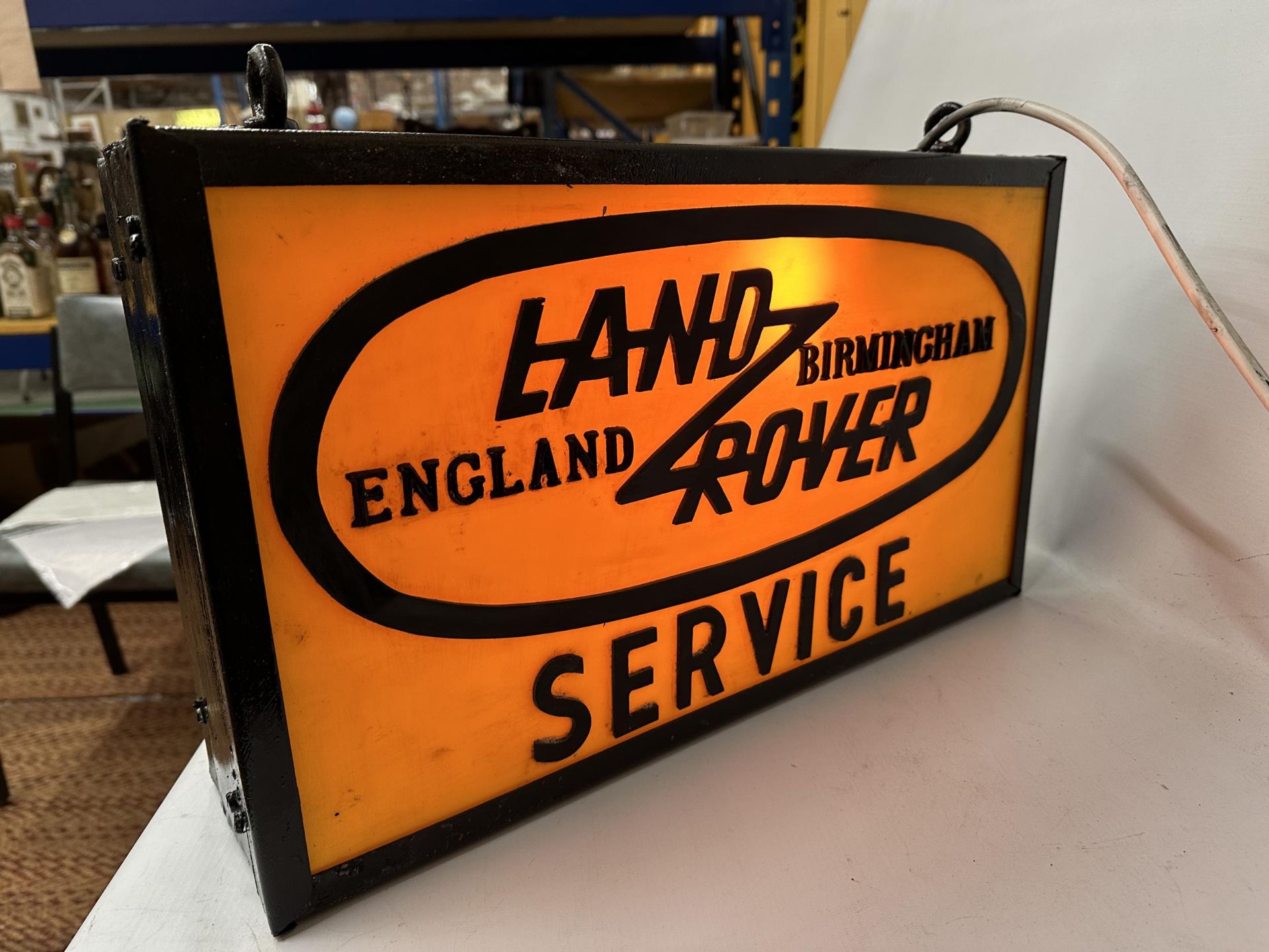A DOUBLE SIDED LAND ROVER SERVICE BIRMINGHAM ENGLAND ILLUMINATED SIGN COMPLETE WITH HANGING BRACKET - Image 2 of 4