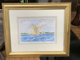 A WATERCOLOUR TITLED 'SAILING ON A SUMMER AFTERNOON, EDGARTOWN', SIGNED R V PROSSER, 30CM X 25CM