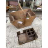 A VINTAGE WOODEN TRUG AND A DESK TIDY