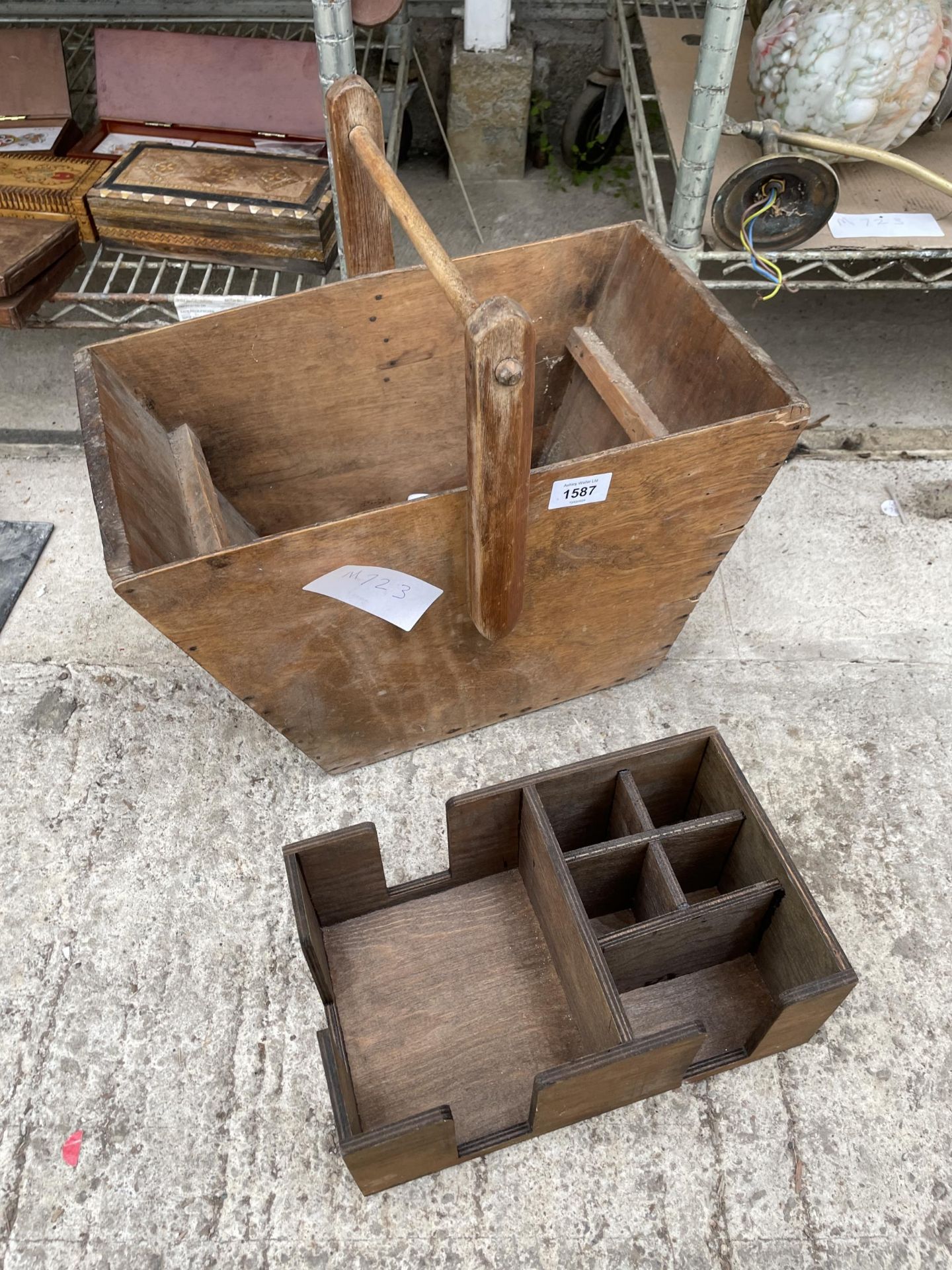 A VINTAGE WOODEN TRUG AND A DESK TIDY