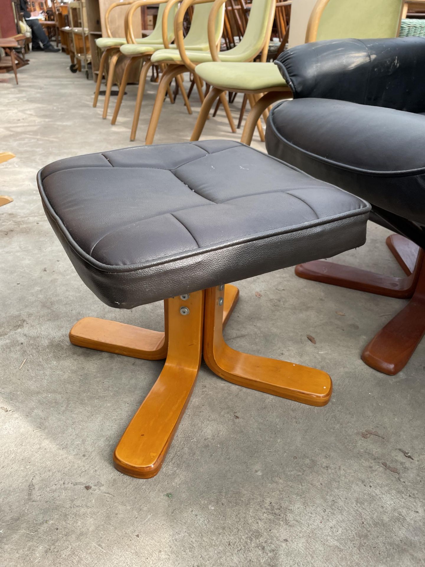 A FAUX BLACK LEATHER SWIVEL RECLINING CHAIR AND STOOL - Image 3 of 3
