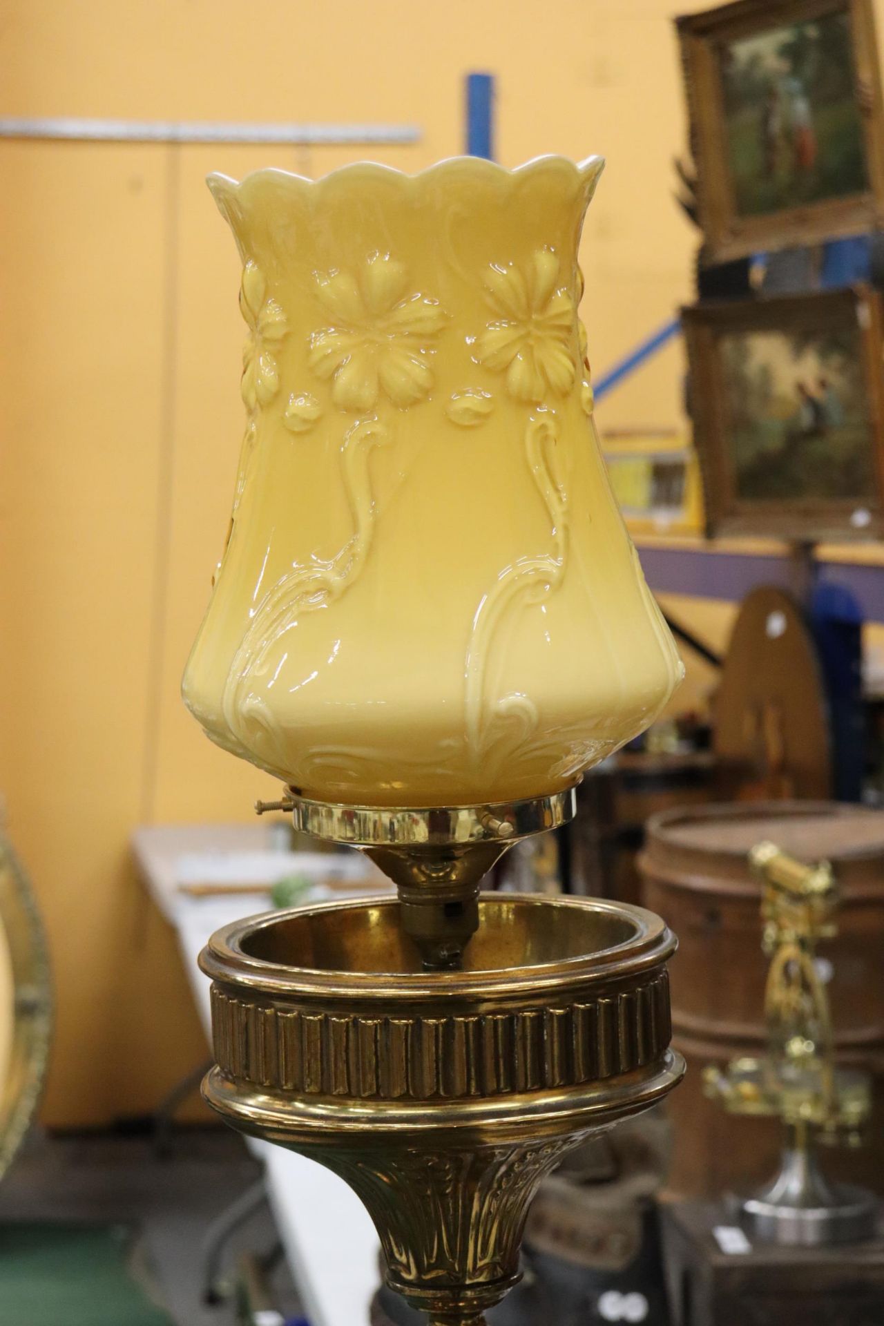 A FLOOR STANDING BRASS PUGIN STYLE CONVERTED CANDLESTICK WITH ORNAGE GLASS SHADE - Image 2 of 8