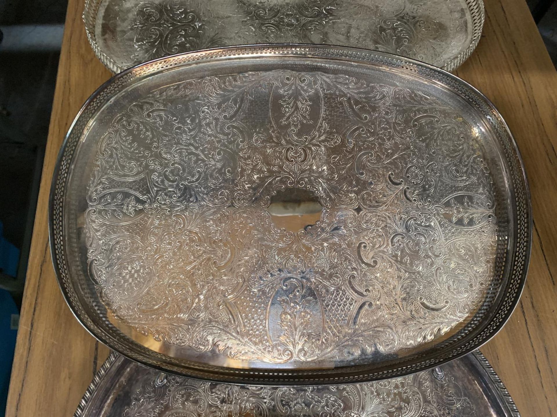 FOUR SILVER PLATED TRAYS, 2 GALLERIED PLUS TWO FOOTED BOWLS - Image 2 of 5