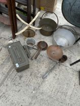 AN ASSORTMENT OF VINTAGE ITEMS TO INCLUDE JAM PANS AND AN AMMO TIN ETC