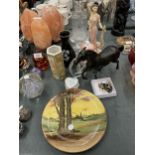 A MIXED LOT TO INCLUDE A DECANTER AND GLASSES, A WEDGWOOD GLASS PAPERWEIGHT, VASES, HORSE AND LADY