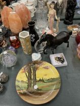 A MIXED LOT TO INCLUDE A DECANTER AND GLASSES, A WEDGWOOD GLASS PAPERWEIGHT, VASES, HORSE AND LADY