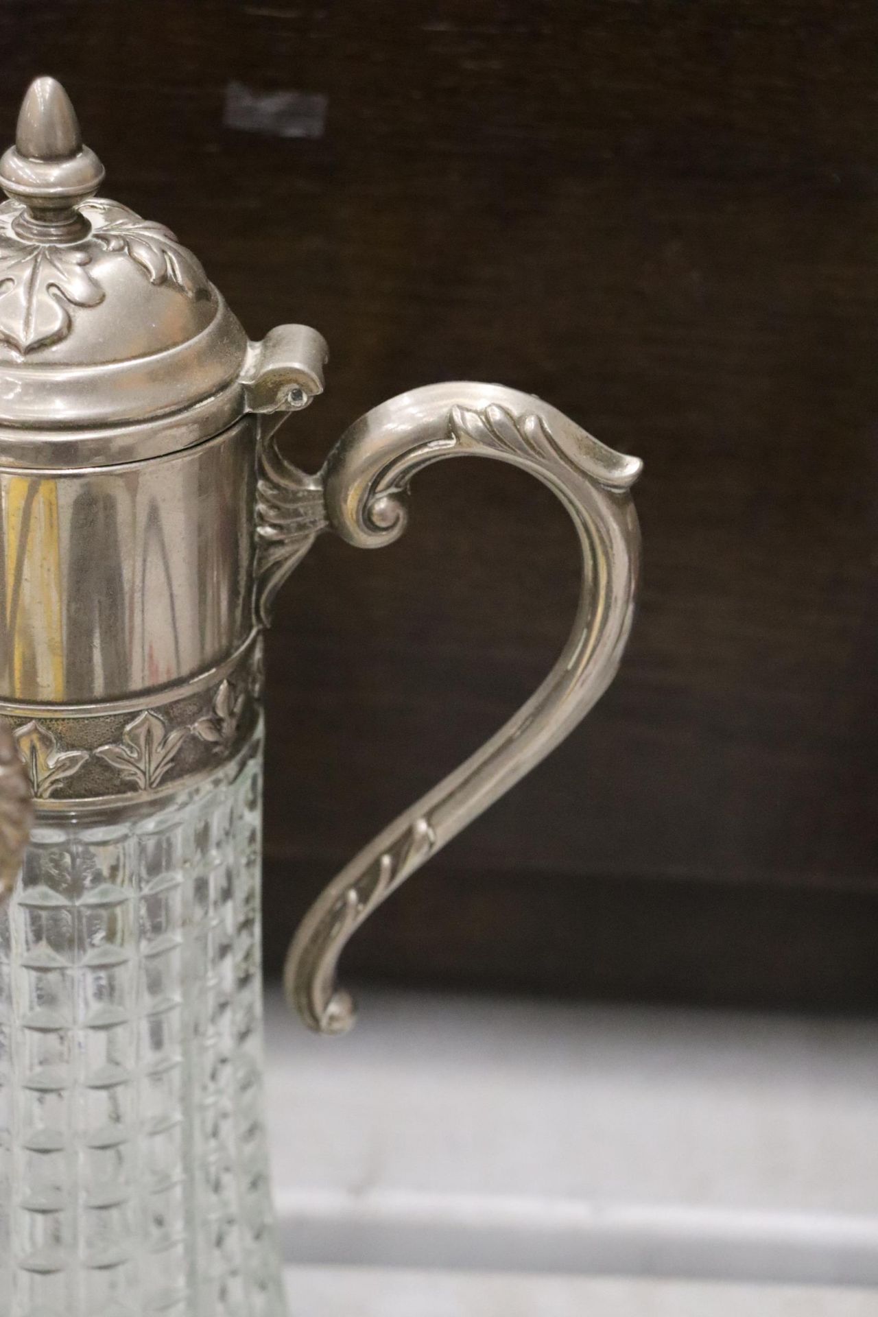 TWO VINTAGE CLARET JUGS WITH SILVER PLATED TOPS PLUS A BELL BOTTOM DECANTER MISSING FINIAL - Image 8 of 8