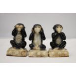 THREE CERAMIC, SEE NO EVIL, HEAR NO EVIL AND SPEAK NO EVIL MONKEYS, HEIGHT 14CM