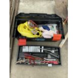 A PLASTIC TOOL BOX WITH AN ASSORTMENT OF HAND TOOLS TO INCLUDE SOCKETS AND SPANNERS ETC