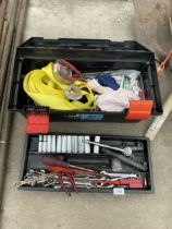 A PLASTIC TOOL BOX WITH AN ASSORTMENT OF HAND TOOLS TO INCLUDE SOCKETS AND SPANNERS ETC
