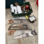 ANB ASSORTMENT OF TOOLS TO INCLUDE A LIGHT, SAWS AND OIL CANS ETC