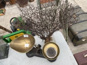 A SET OF VINTAGE BALANCE SCALES AND WEIGHTS AND AN ARTIFICIAL BUSH