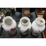 THREE LARGE FRANKLIN PORCELAIN VASES WITH JAPANESE CHARACTERS TO BASE AND WOODEN STANDS, THE HERALDS