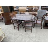 A REGENCY STYLE MAHOGANY TWIN PEDESTAL DINING TABLE, 62" X 39" (LEAF 21"), AND SIX CHAIRS - TWO OF