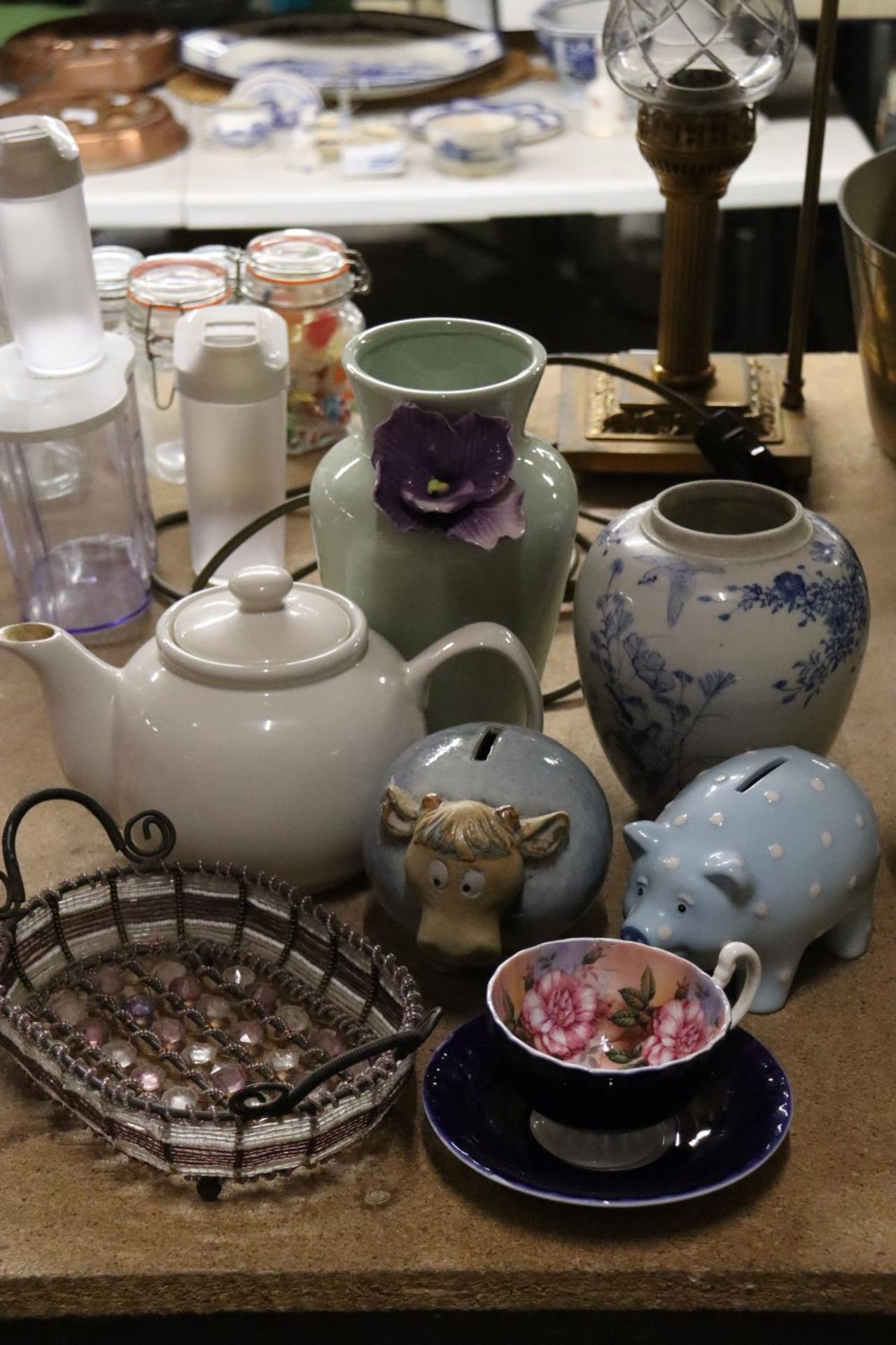 A MIXED LOT TO INCLUDE MONEY BANKS, FLORAL AYNSLEY CUP AND SAUCER, TEAPOT, ETC., - Image 2 of 4