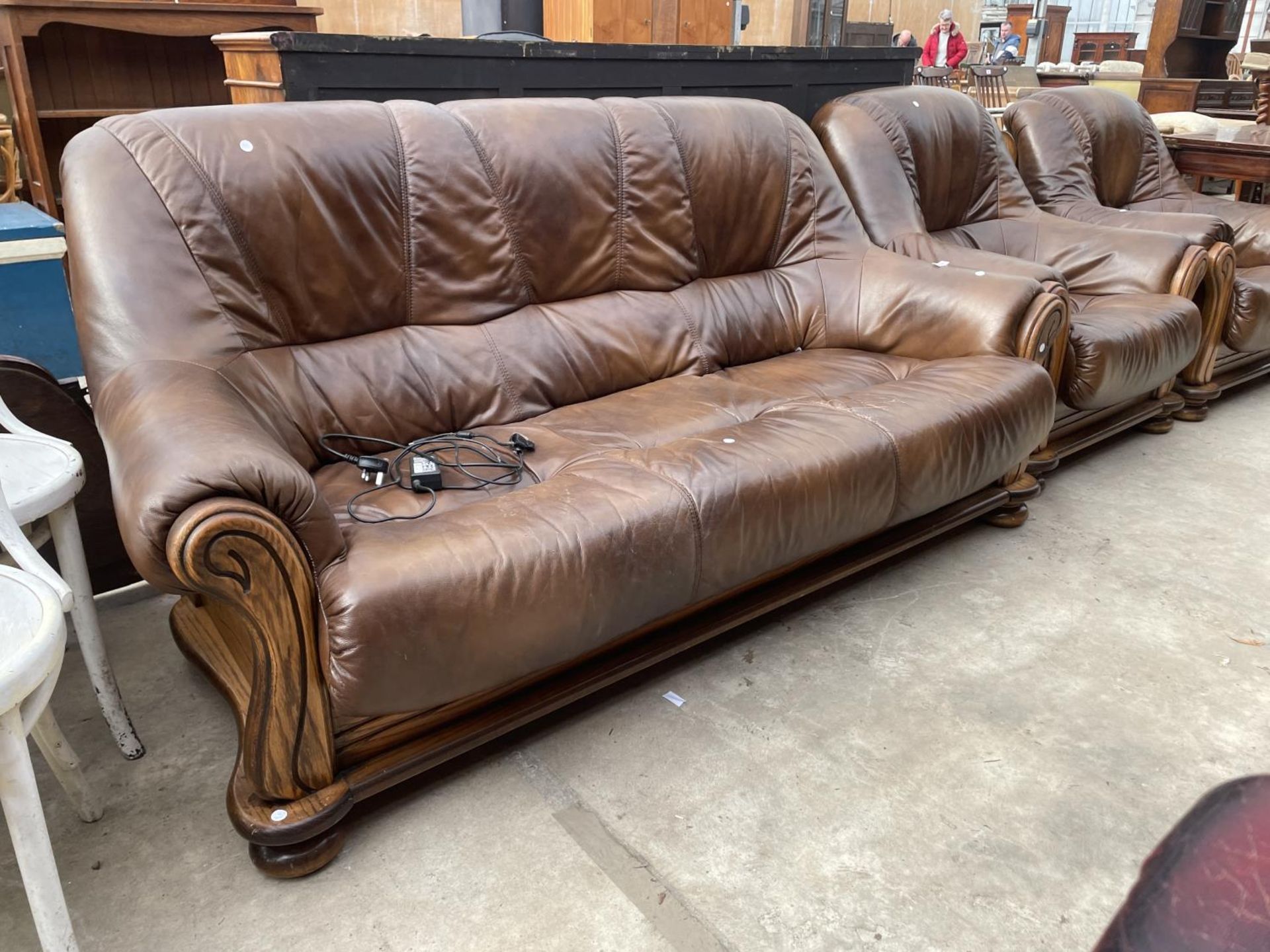 A MODERN RECOR PART LEATHER BROWN THREE PIECE SUITE - Image 2 of 4