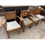 FOUR JAMES PHILLIPS AND SON OAK ARTS AND CRAFTS STYLE CHAIRS TWO BEING CARVERS